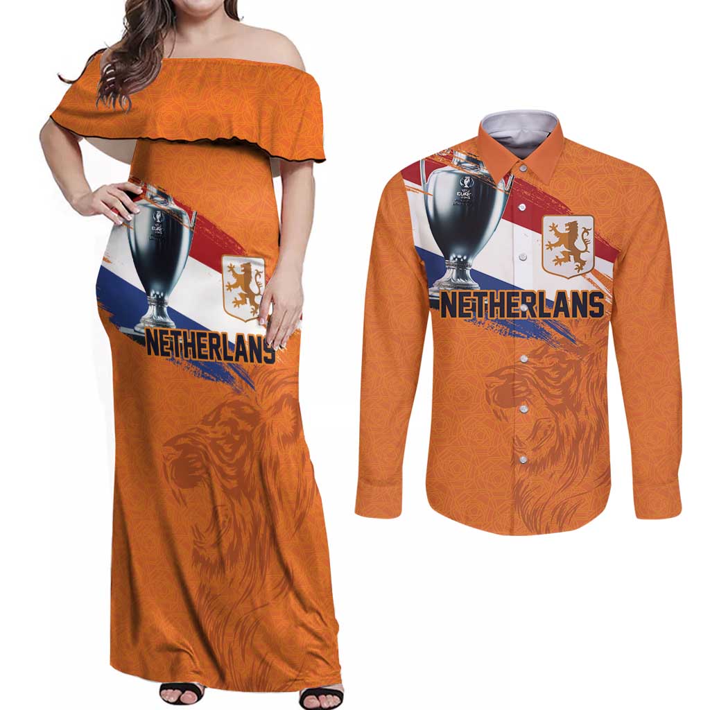 Custom Netherlands Football 2024 Road To The Champion Couples Matching Off Shoulder Maxi Dress and Long Sleeve Button Shirt Oranje Holland Clockwork Orange The Flying Home Color - Wonder Print Shop