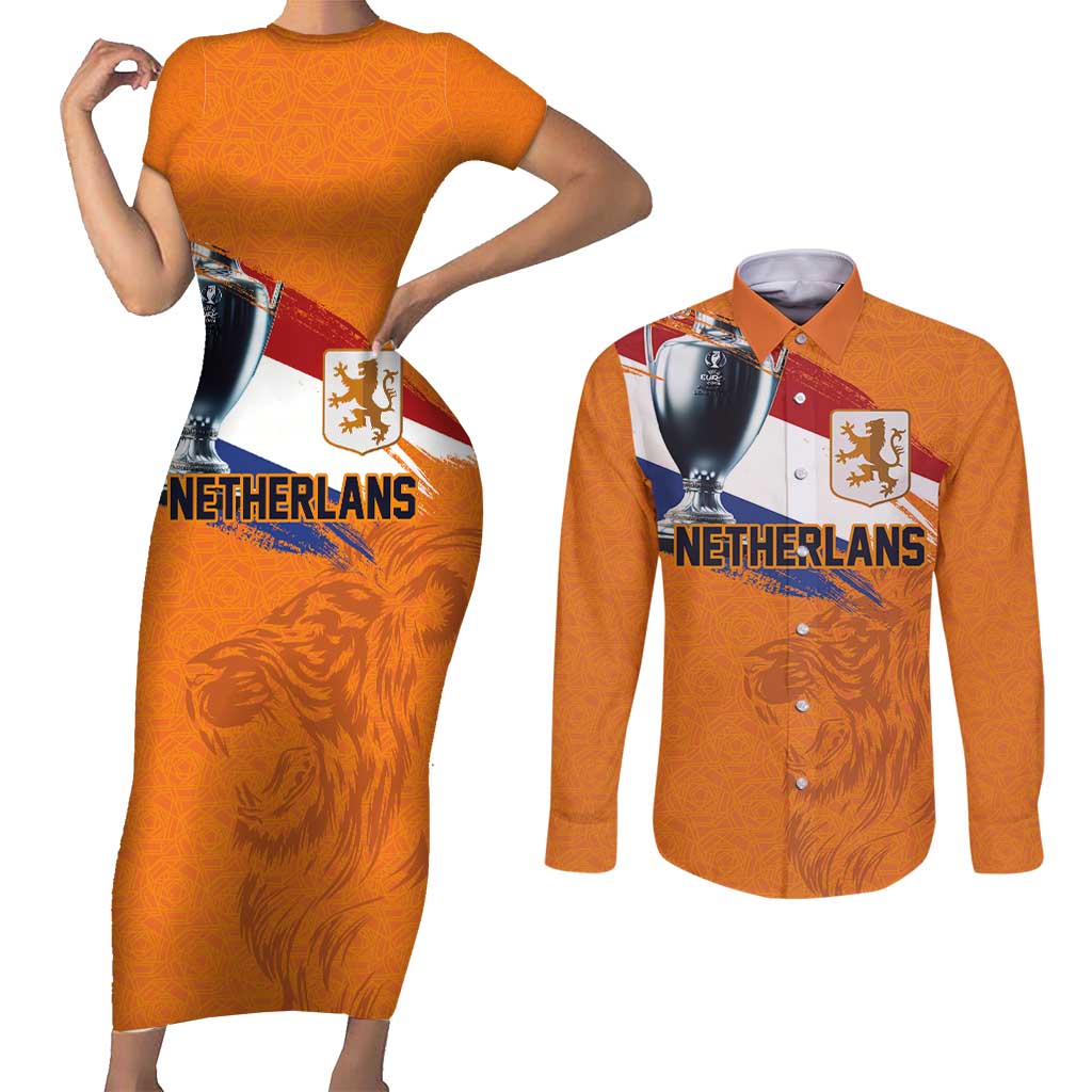 Custom Netherlands Football 2024 Road To The Champion Couples Matching Short Sleeve Bodycon Dress and Long Sleeve Button Shirt Oranje Holland Clockwork Orange The Flying Home Color - Wonder Print Shop