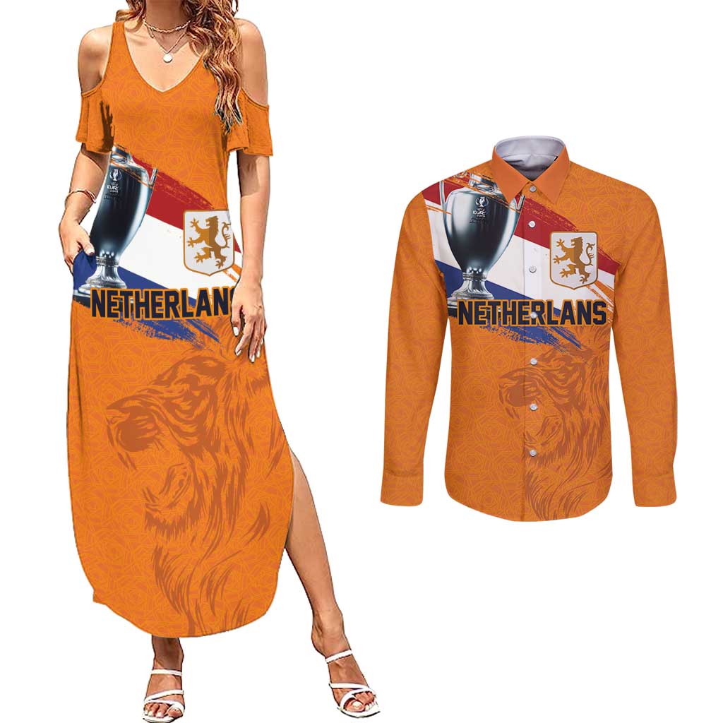 Custom Netherlands Football 2024 Road To The Champion Couples Matching Summer Maxi Dress and Long Sleeve Button Shirt Oranje Holland Clockwork Orange The Flying Home Color - Wonder Print Shop