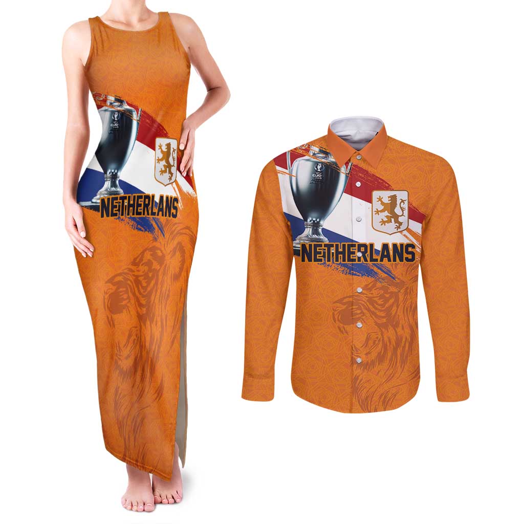 Custom Netherlands Football 2024 Road To The Champion Couples Matching Tank Maxi Dress and Long Sleeve Button Shirt Oranje Holland Clockwork Orange The Flying Home Color - Wonder Print Shop