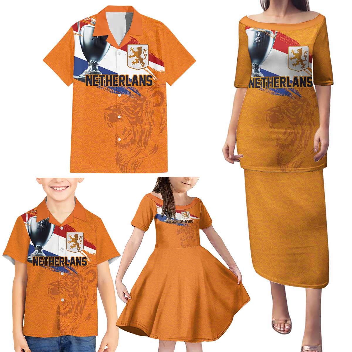 Custom Netherlands Football 2024 Road To The Champion Family Matching Puletasi and Hawaiian Shirt Oranje Holland Clockwork Orange The Flying Home Color - Wonder Print Shop