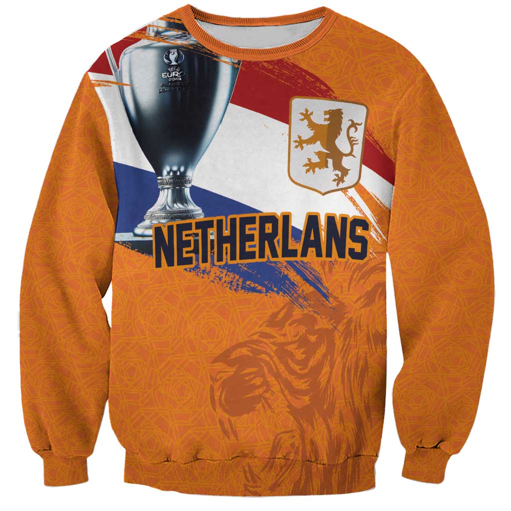 Orange unisex crewneck sweatshirt with Netherlands graphic and trophy on front.