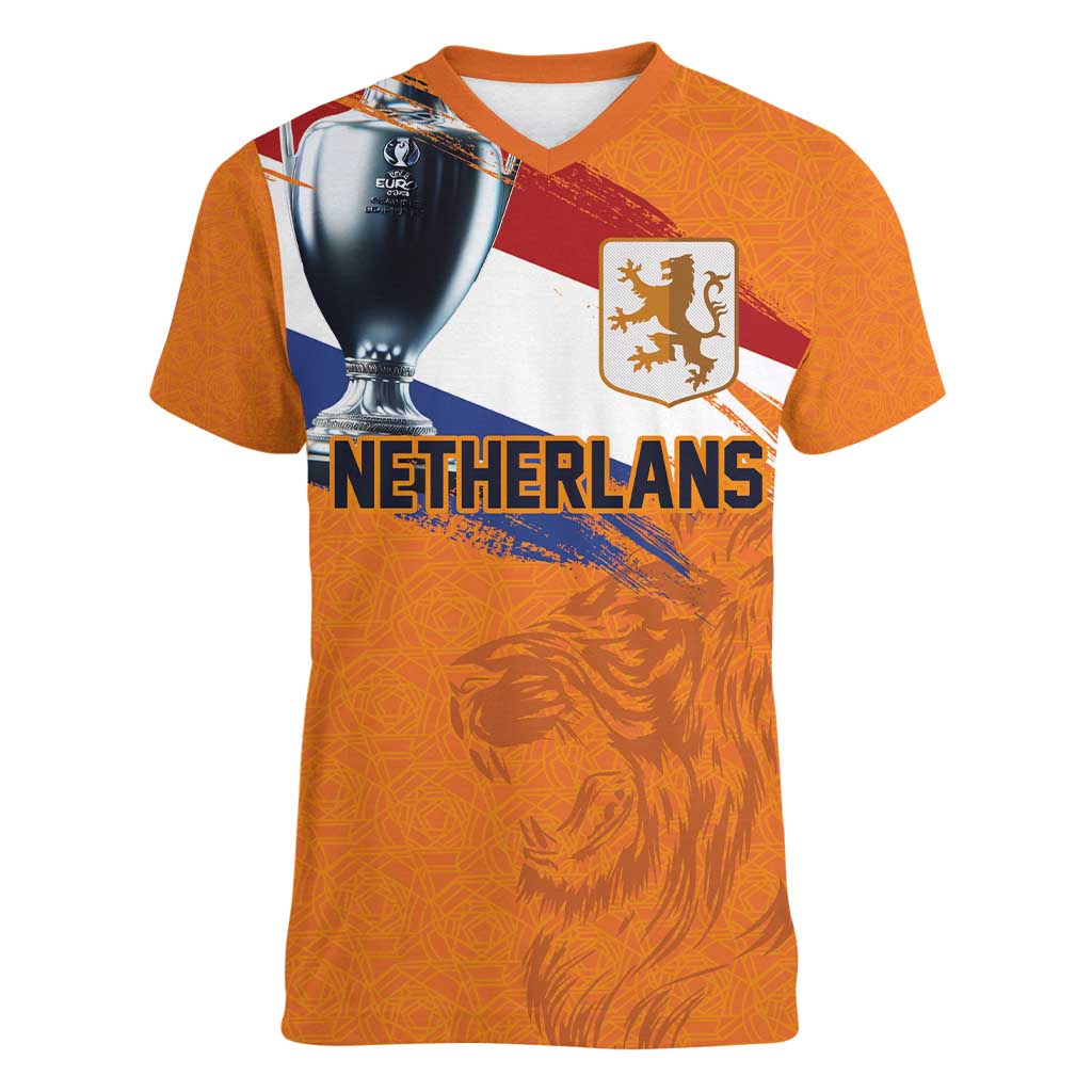 Custom Netherlands Football 2024 Road To The Champion Women V-Neck T-Shirt Oranje Holland Clockwork Orange The Flying Home Color