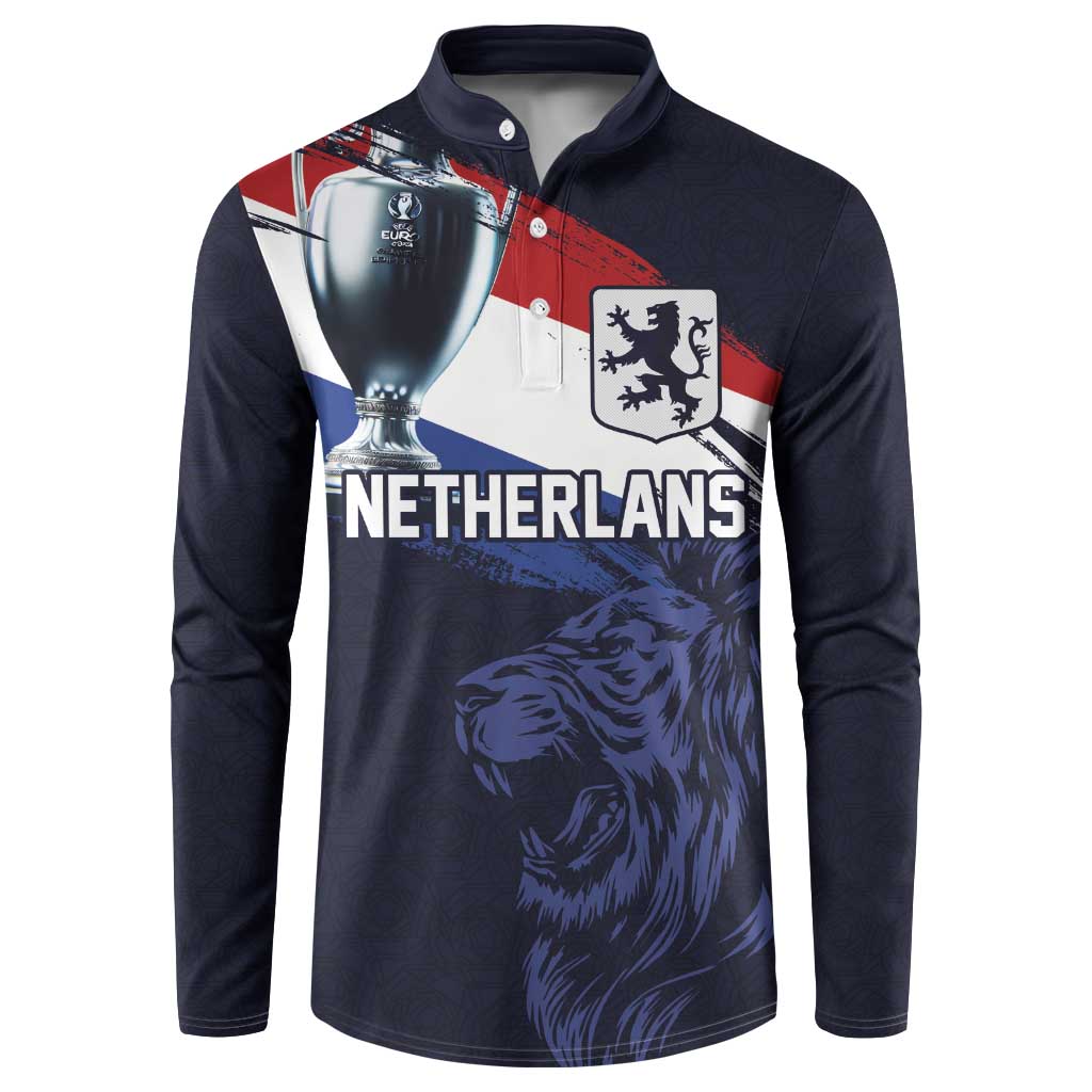 Dark navy Netherlands button sweatshirt with lion crest and trophy graphic