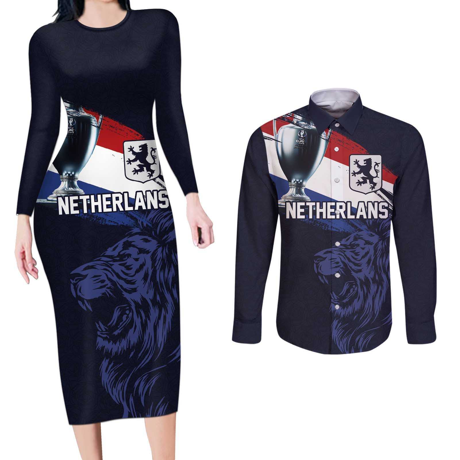 Custom Netherlands Football 2024 Road To The Champion Couples Matching Long Sleeve Bodycon Dress and Long Sleeve Button Shirt Oranje Holland Clockwork Orange The Flying Away Color - Wonder Print Shop