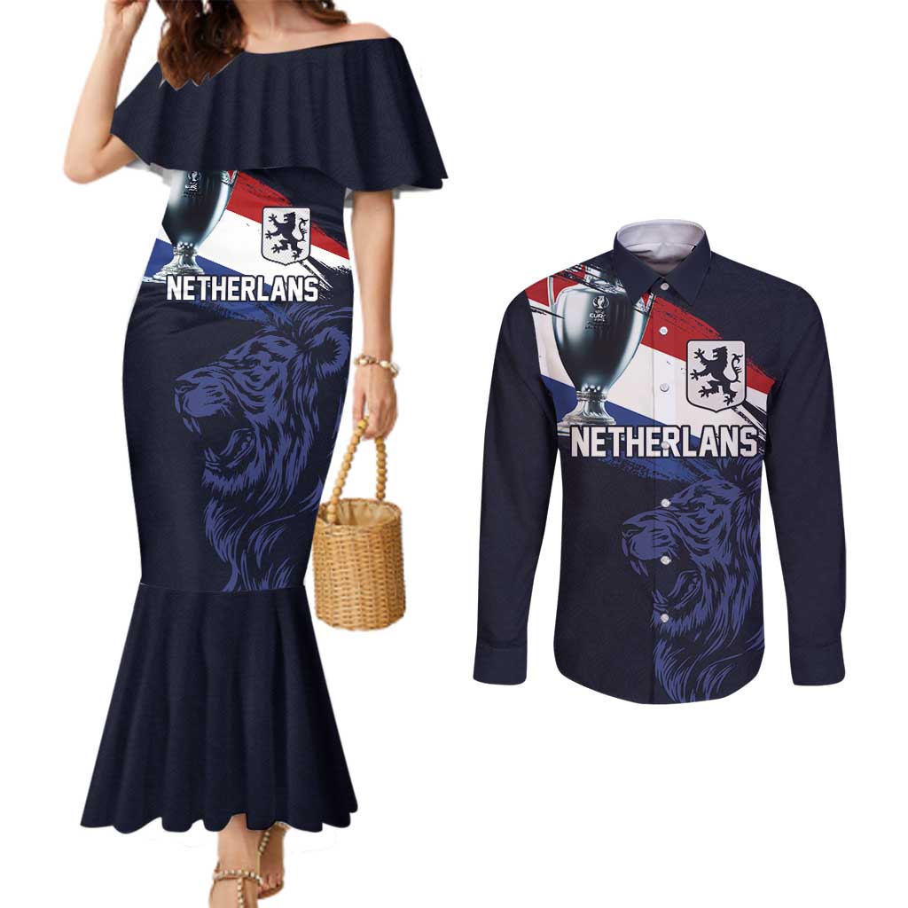 Custom Netherlands Football 2024 Road To The Champion Couples Matching Mermaid Dress and Long Sleeve Button Shirt Oranje Holland Clockwork Orange The Flying Away Color