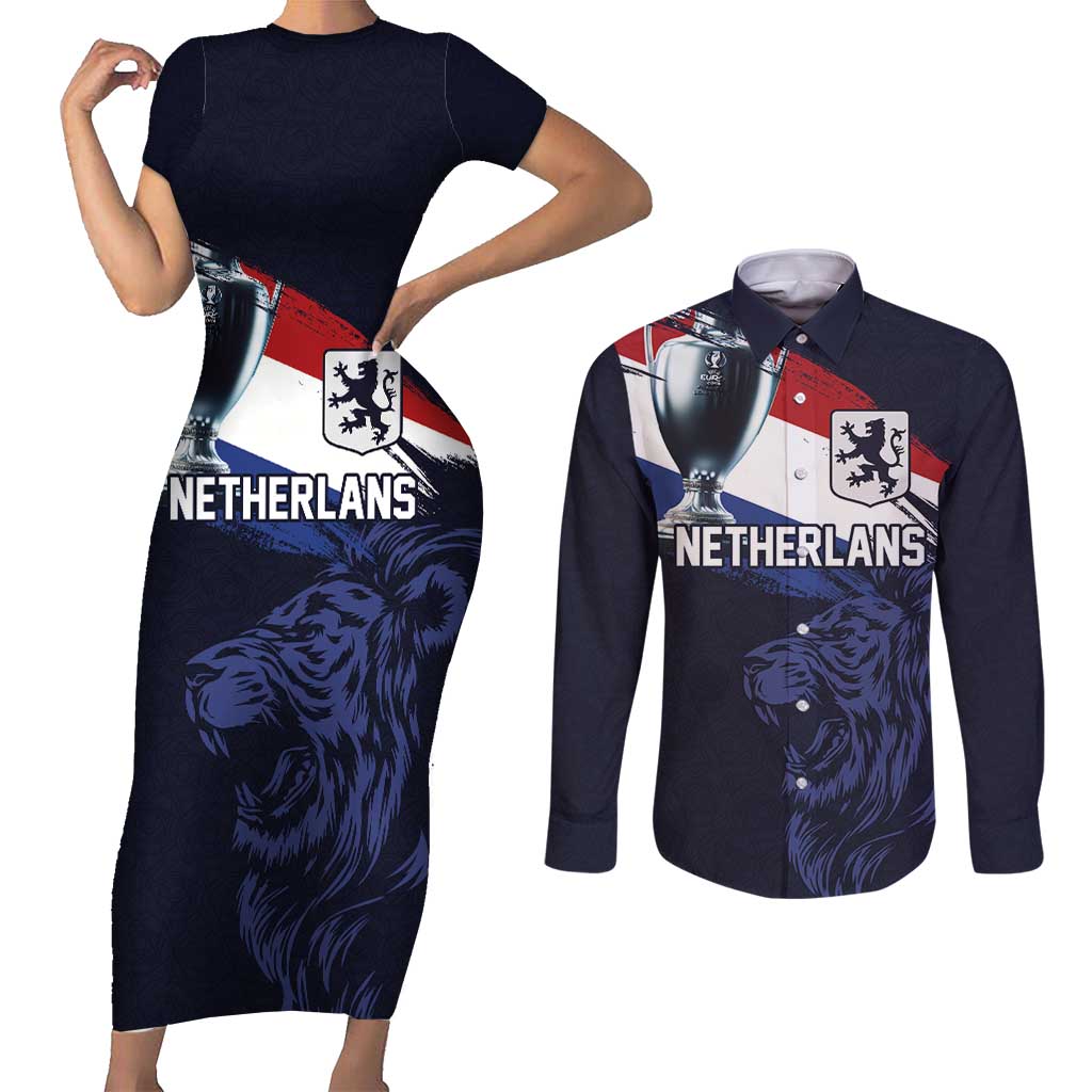 Custom Netherlands Football 2024 Road To The Champion Couples Matching Short Sleeve Bodycon Dress and Long Sleeve Button Shirt Oranje Holland Clockwork Orange The Flying Away Color - Wonder Print Shop