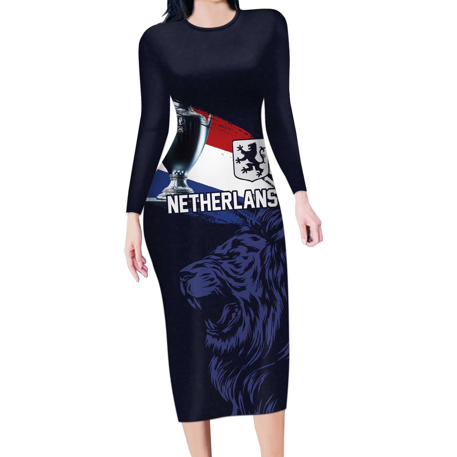 Custom Netherlands Football 2024 Road To The Champion Long Sleeve Bodycon Dress Oranje Holland Clockwork Orange The Flying Away Color - Wonder Print Shop