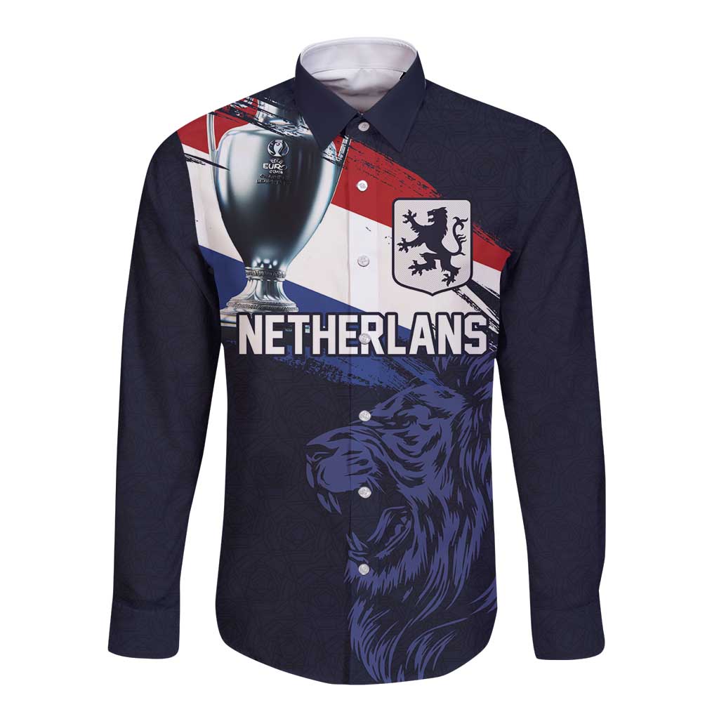 Dark navy long-sleeve button shirt with Netherlands graphic and lion front