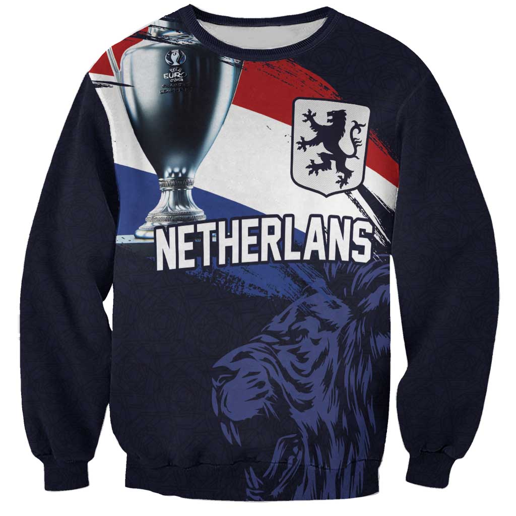 Dark navy unisex sweatshirt with Netherlands crest, trophy, and lion graphic front