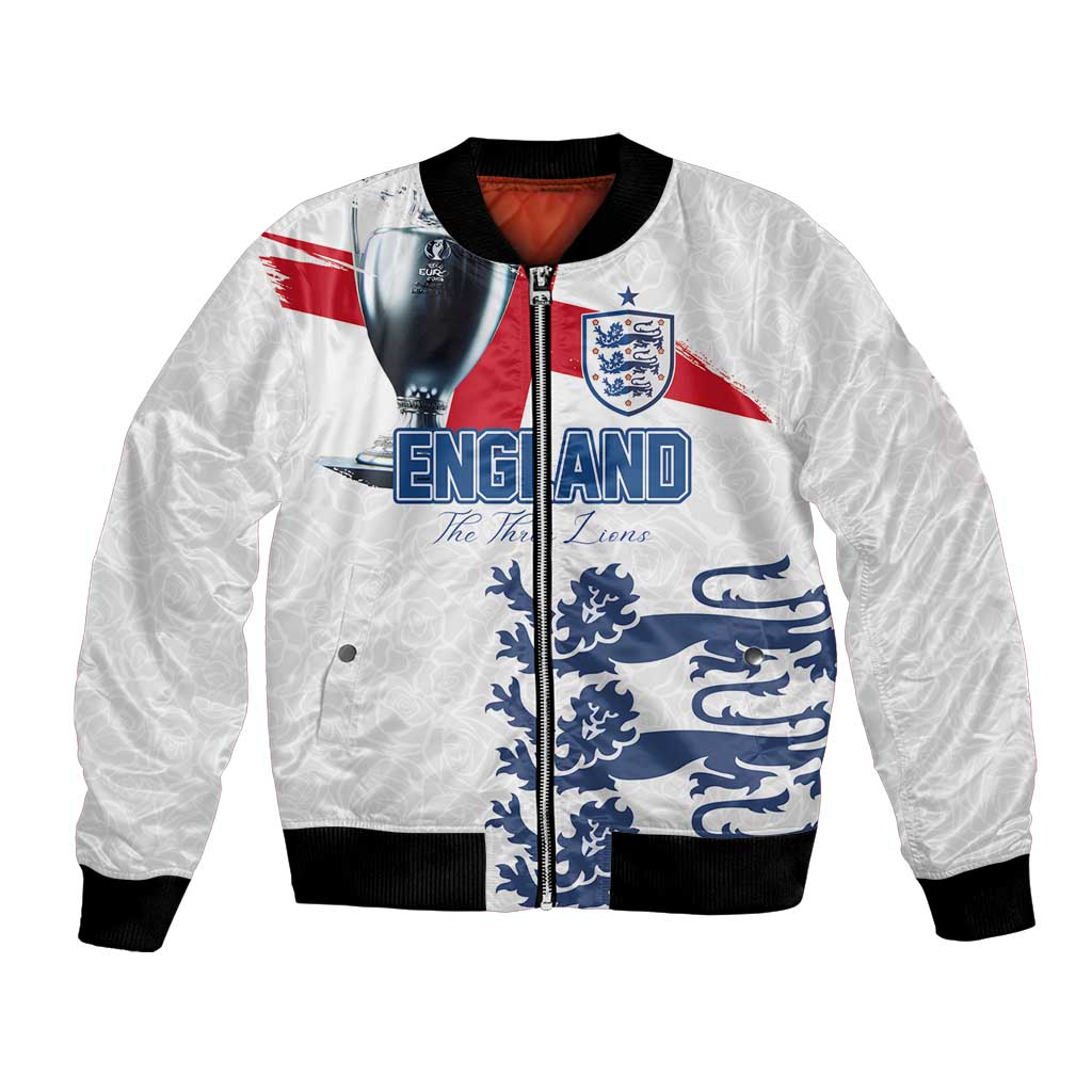 White unisex bomber jacket, ribbed cuffs and collar, full-zip; England crest front