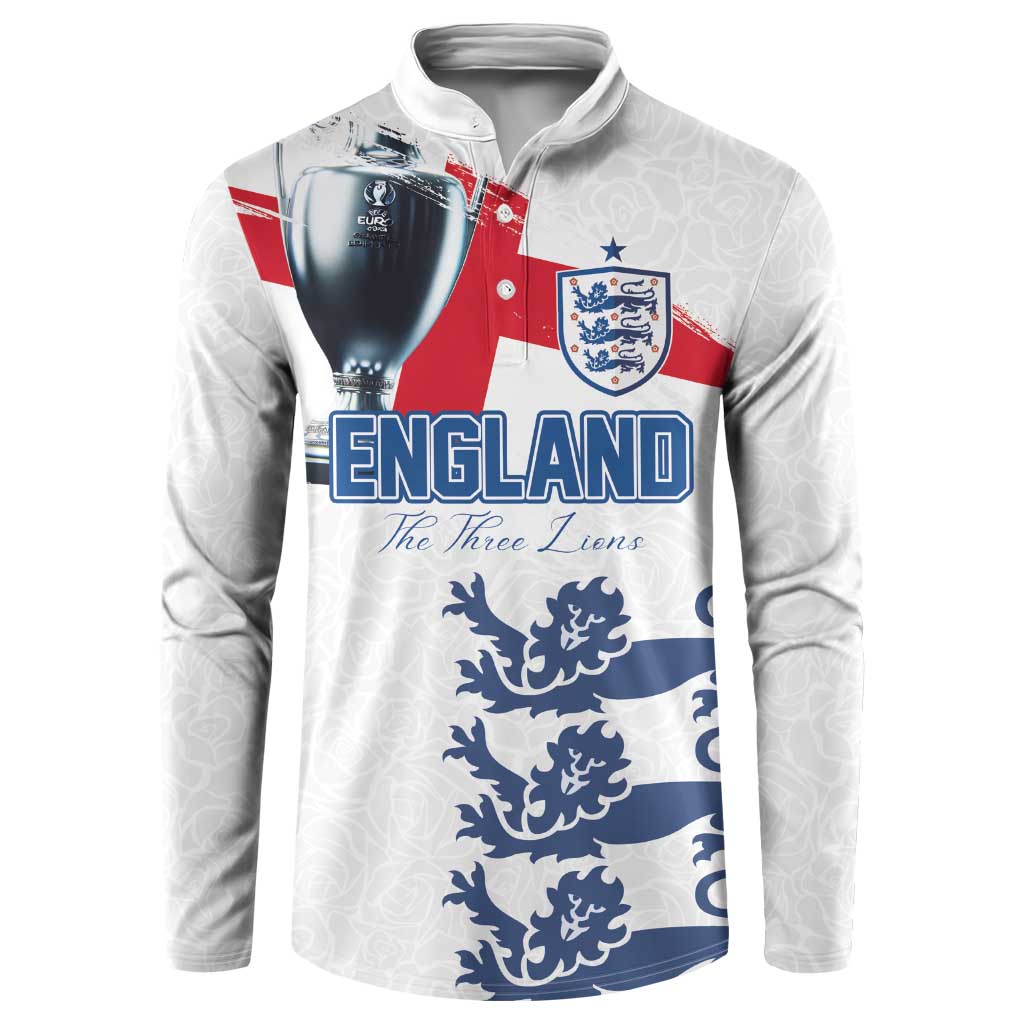 White England button sweatshirt with front crest, trophy graphic, and blue lion pattern
