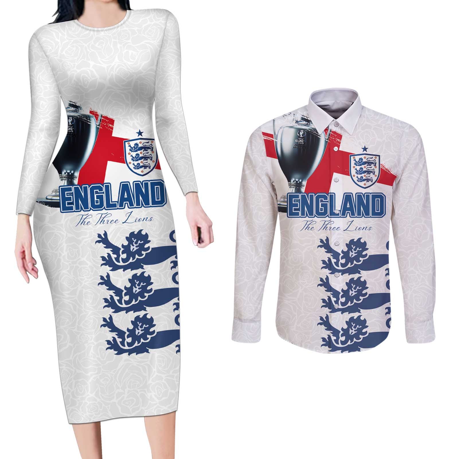 Custom England Football 2024 Road To The Champion Couples Matching Long Sleeve Bodycon Dress and Long Sleeve Button Shirt - Wonder Print Shop