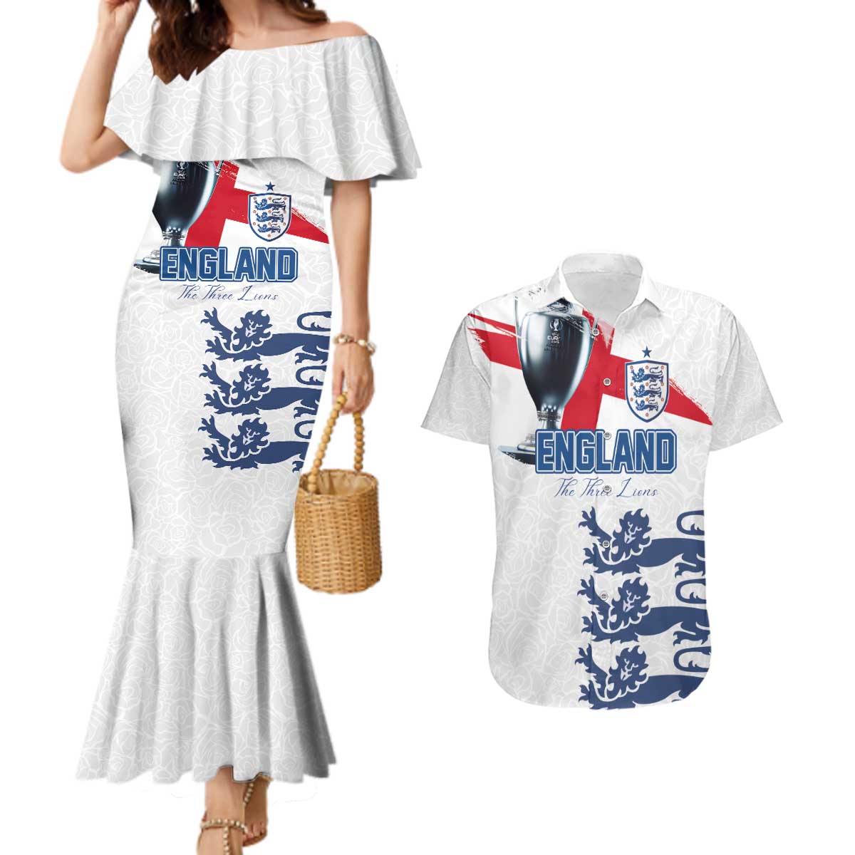 Custom England Football 2024 Road To The Champion Couples Matching Mermaid Dress and Hawaiian Shirt - Wonder Print Shop