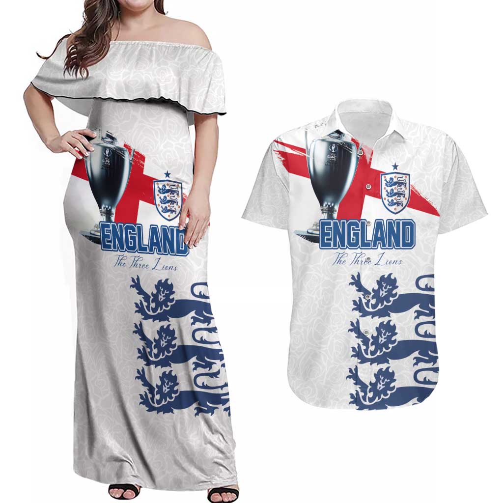 Custom England Football 2024 Road To The Champion Couples Matching Off Shoulder Maxi Dress and Hawaiian Shirt - Wonder Print Shop