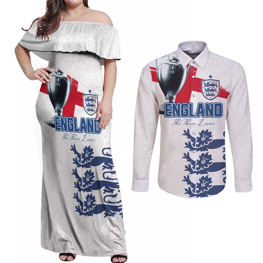 Custom England Football 2024 Road To The Champion Couples Matching Off Shoulder Maxi Dress and Long Sleeve Button Shirt - Wonder Print Shop