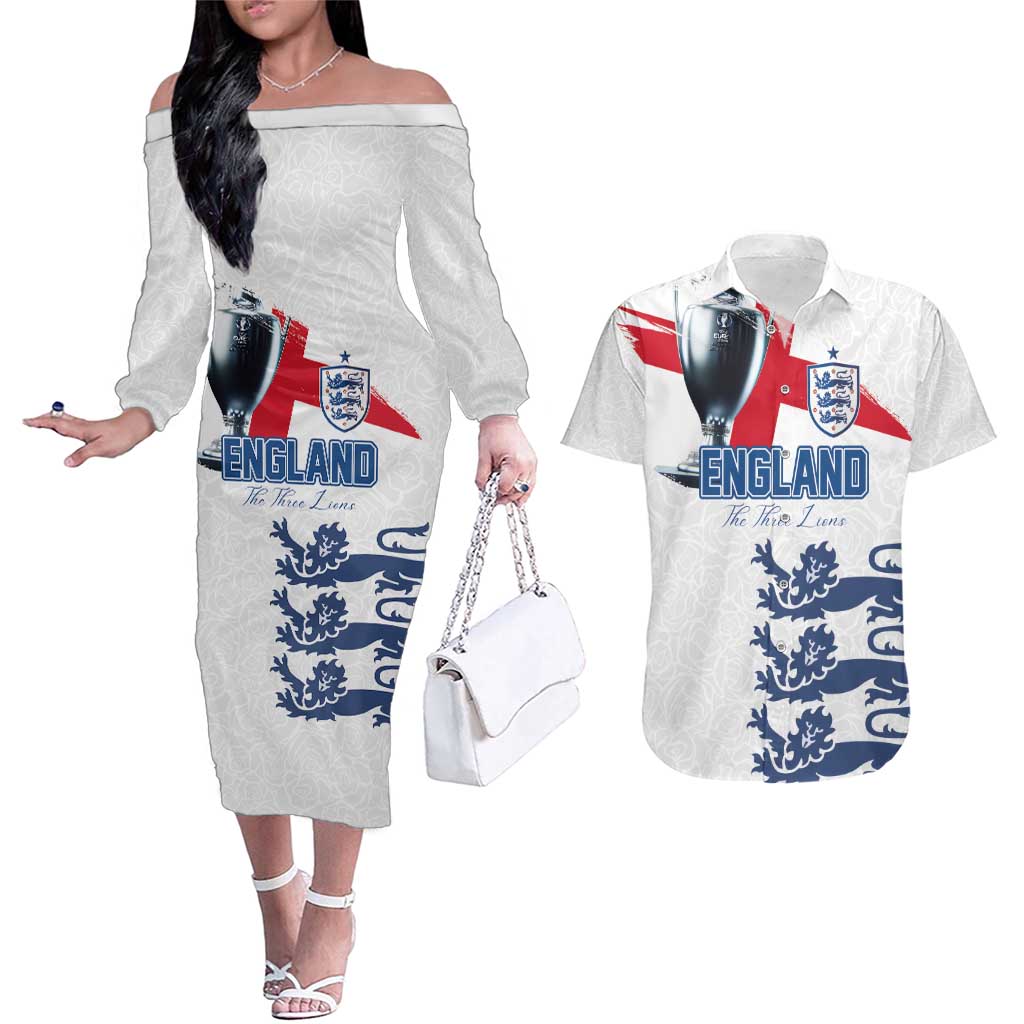 Custom England Football 2024 Road To The Champion Couples Matching Off The Shoulder Long Sleeve Dress and Hawaiian Shirt - Wonder Print Shop