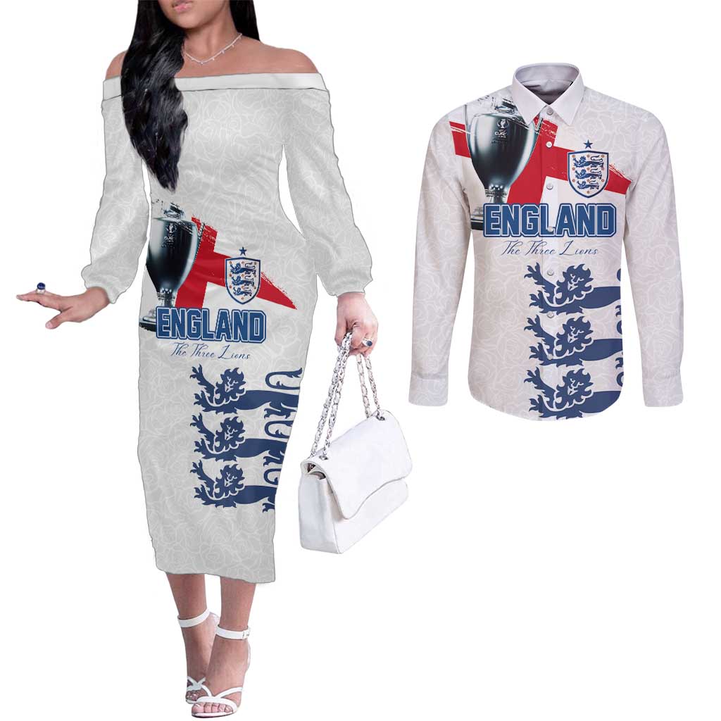 Custom England Football 2024 Road To The Champion Couples Matching Off The Shoulder Long Sleeve Dress and Long Sleeve Button Shirt