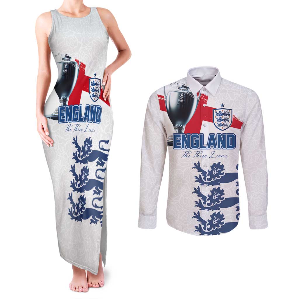 Custom England Football 2024 Road To The Champion Couples Matching Tank Maxi Dress and Long Sleeve Button Shirt - Wonder Print Shop