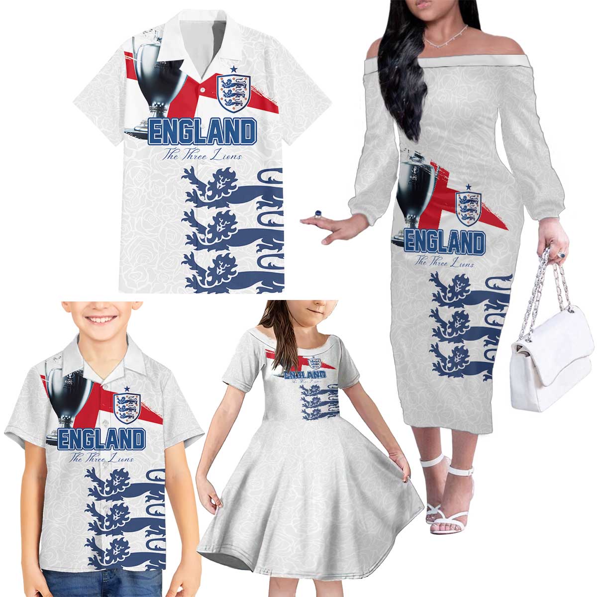 Custom England Football 2024 Road To The Champion Family Matching Off The Shoulder Long Sleeve Dress and Hawaiian Shirt - Wonder Print Shop