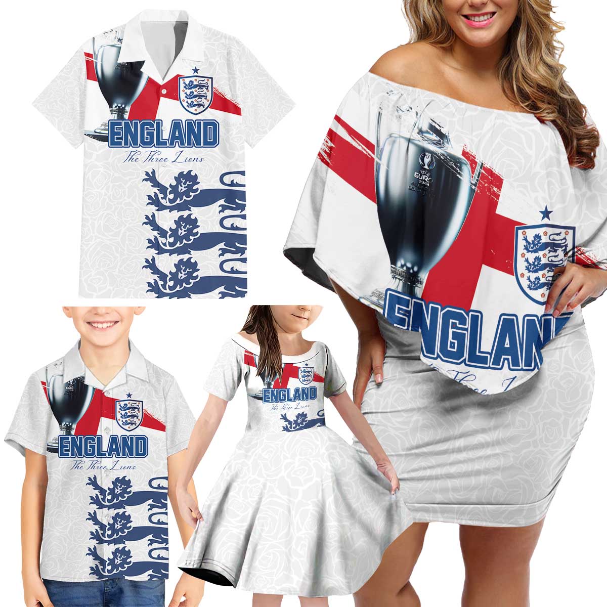 Custom England Football 2024 Road To The Champion Family Matching Off Shoulder Short Dress and Hawaiian Shirt - Wonder Print Shop