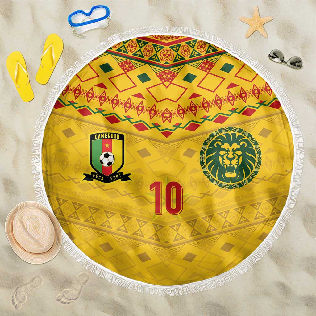 Custom Cameroon Football Beach Blanket Tribal Motifs Yellow Color - Wonder Print Shop