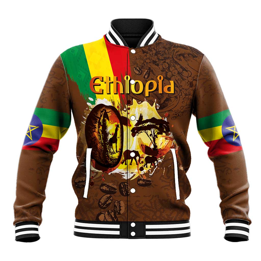 Unisex deep brown baseball jacket with Ethiopia coffee-style graphic, snap front, ribbed trims.