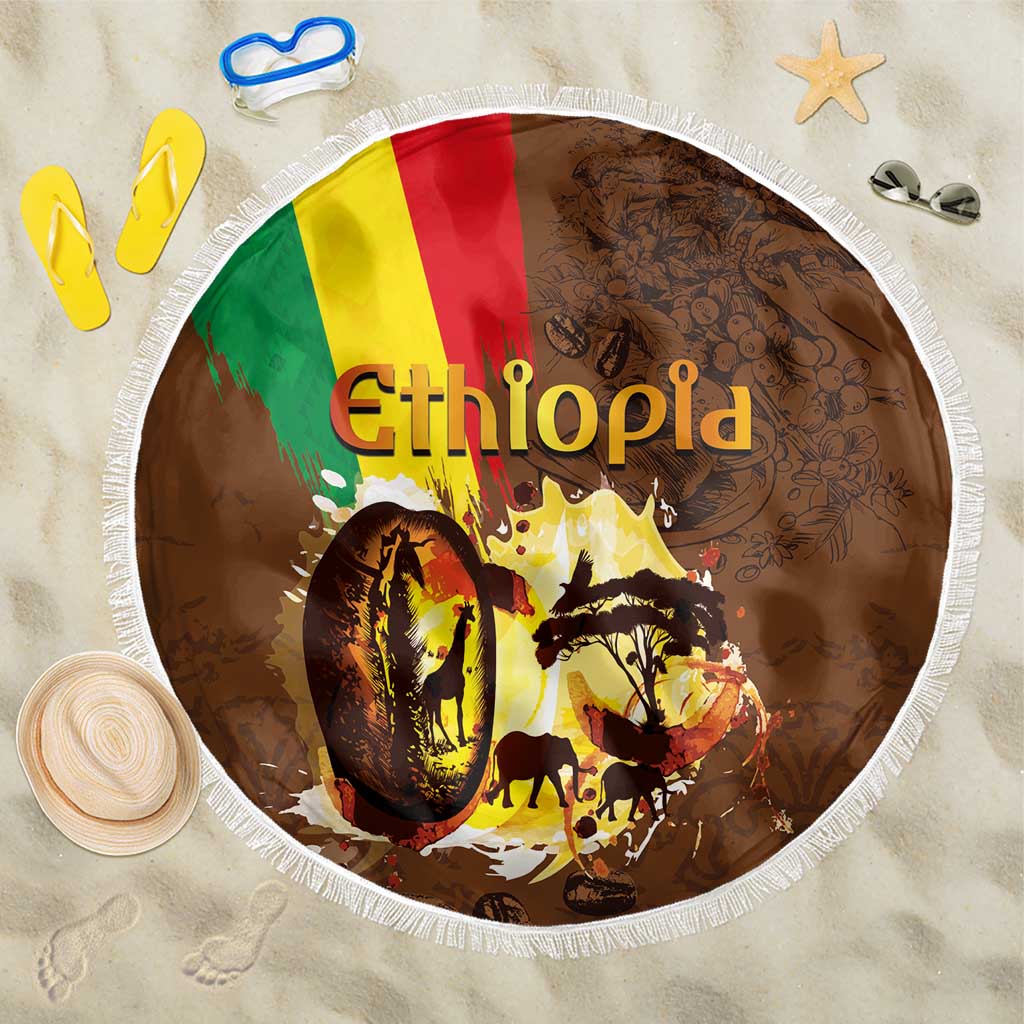 Round beach blanket, deep brown with white fringe; Ethiopia logo, flag, animals and coffee art