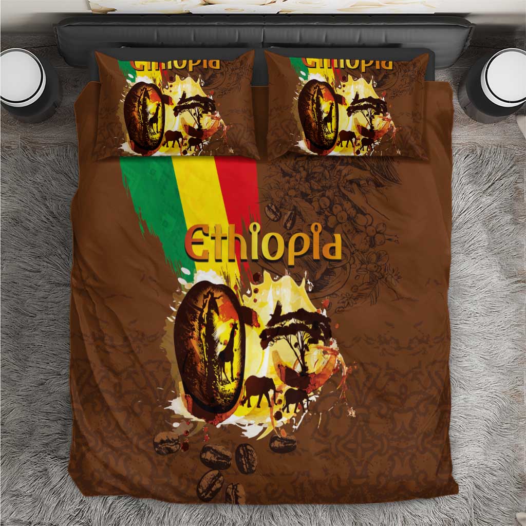 Deep brown coffee-themed bedding set with Ethiopia graphic; includes duvet and 2 pillow shams.