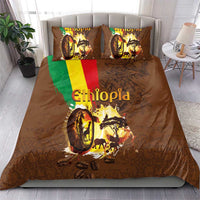 Deep brown coffee-themed bedding set with Ethiopia graphic; duvet and 2 pillow shams on bed.