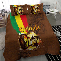 Deep brown bedding set with large Ethiopia coffee graphic; duvet with two matching pillow shams.