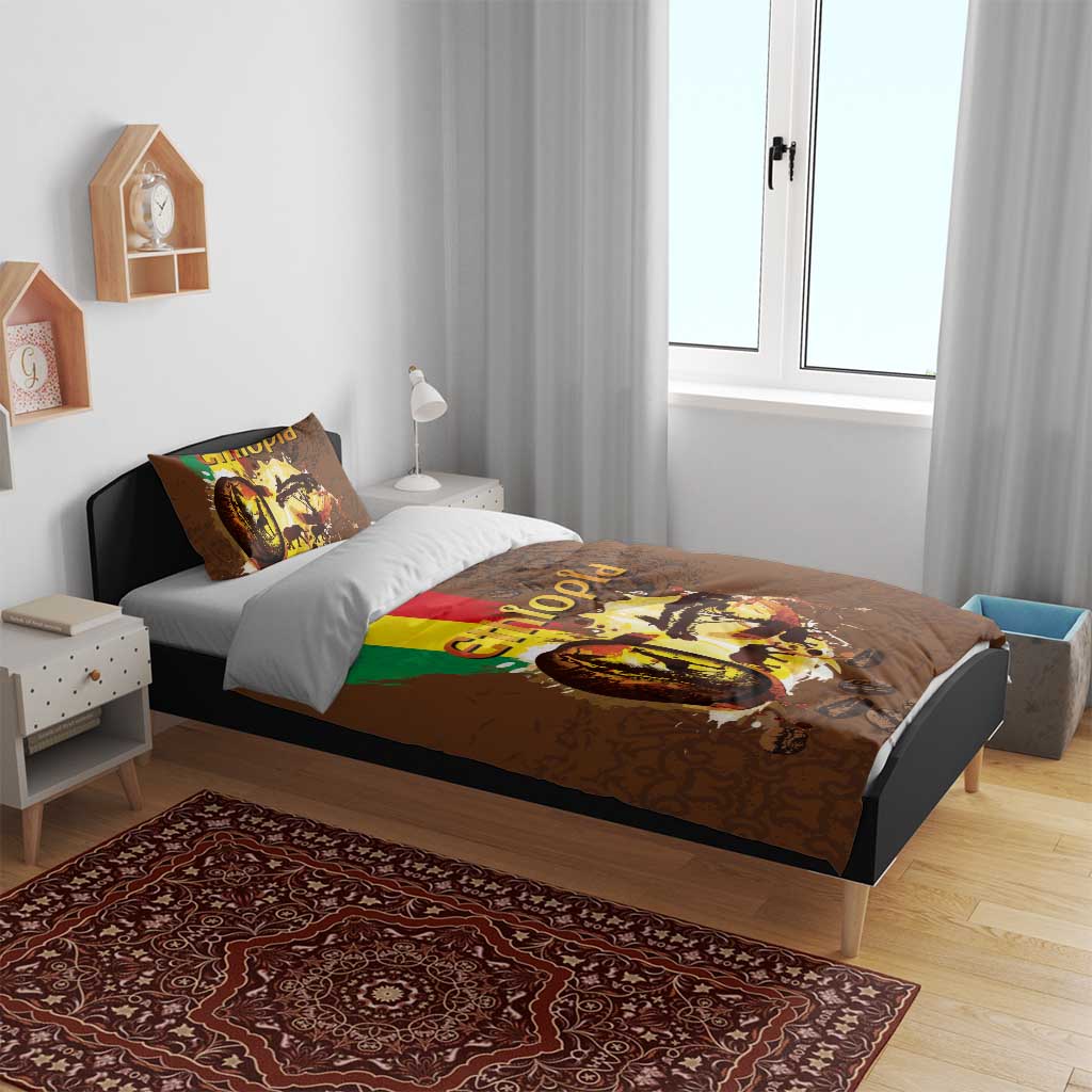 Deep brown coffee-themed bedding set with Ethiopia graphic; duvet and pillow shams displayed on bed.
