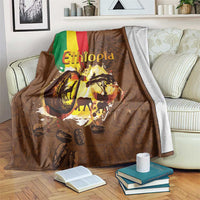 Deep brown Ethiopia culture blanket with flag stripe and coffee-themed wildlife graphic