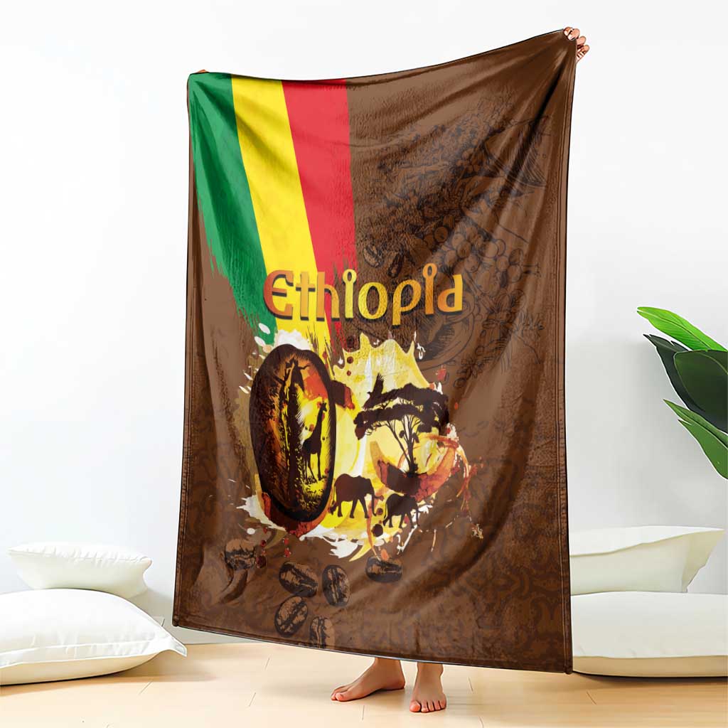 Deep brown Ethiopia blanket draped over bed, flag stripe and coffee-wildlife print