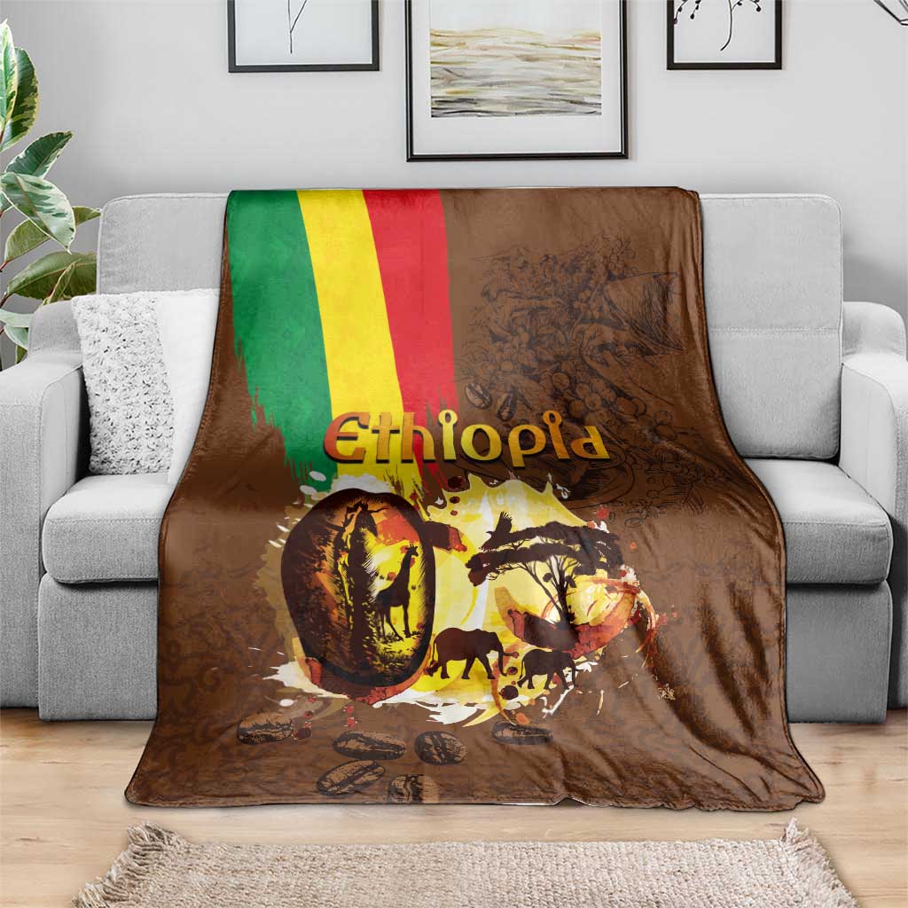 Deep brown Ethiopia blanket on gray sofa, flag stripe and coffee-themed animals print