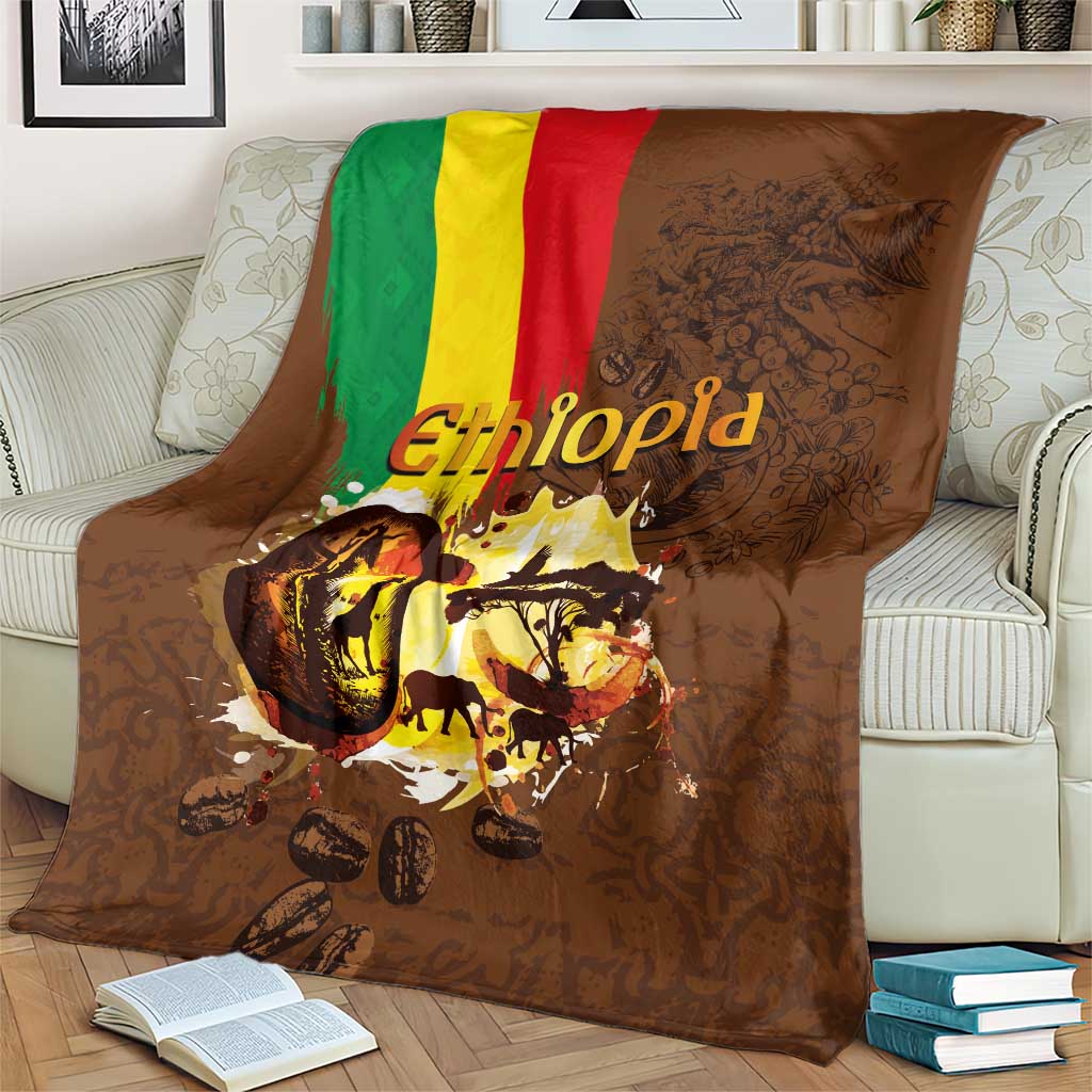 Deep brown Ethiopia blanket on cream armchair, flag stripe and coffee wildlife design