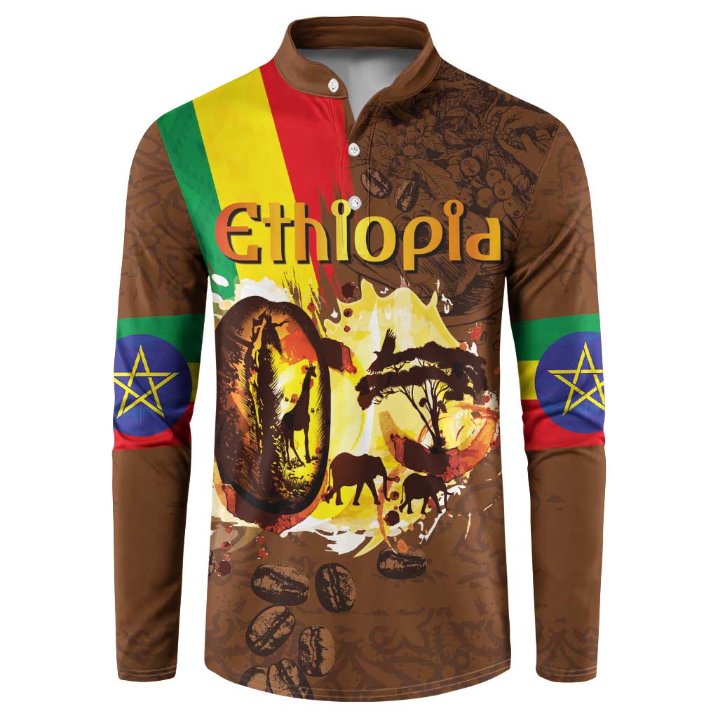 Deep brown long-sleeve button henley sweatshirt with large Ethiopia graphic print