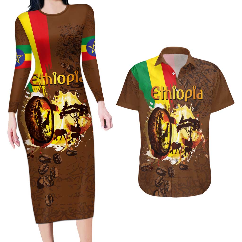 Ethiopia Culture - Proud of Coffee Couples Matching Long Sleeve Bodycon Dress and Hawaiian Shirt