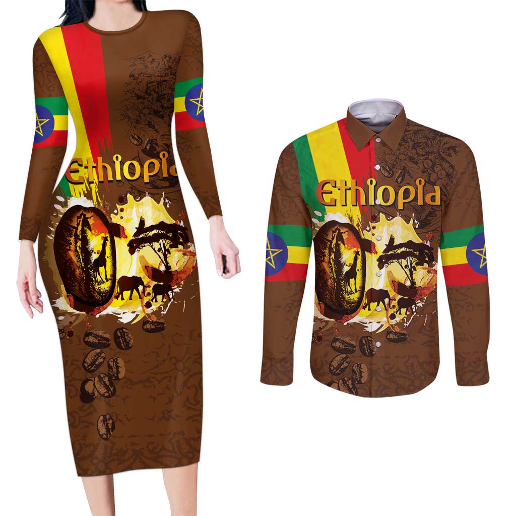 Ethiopia Culture - Proud of Coffee Couples Matching Long Sleeve Bodycon Dress and Long Sleeve Button Shirt