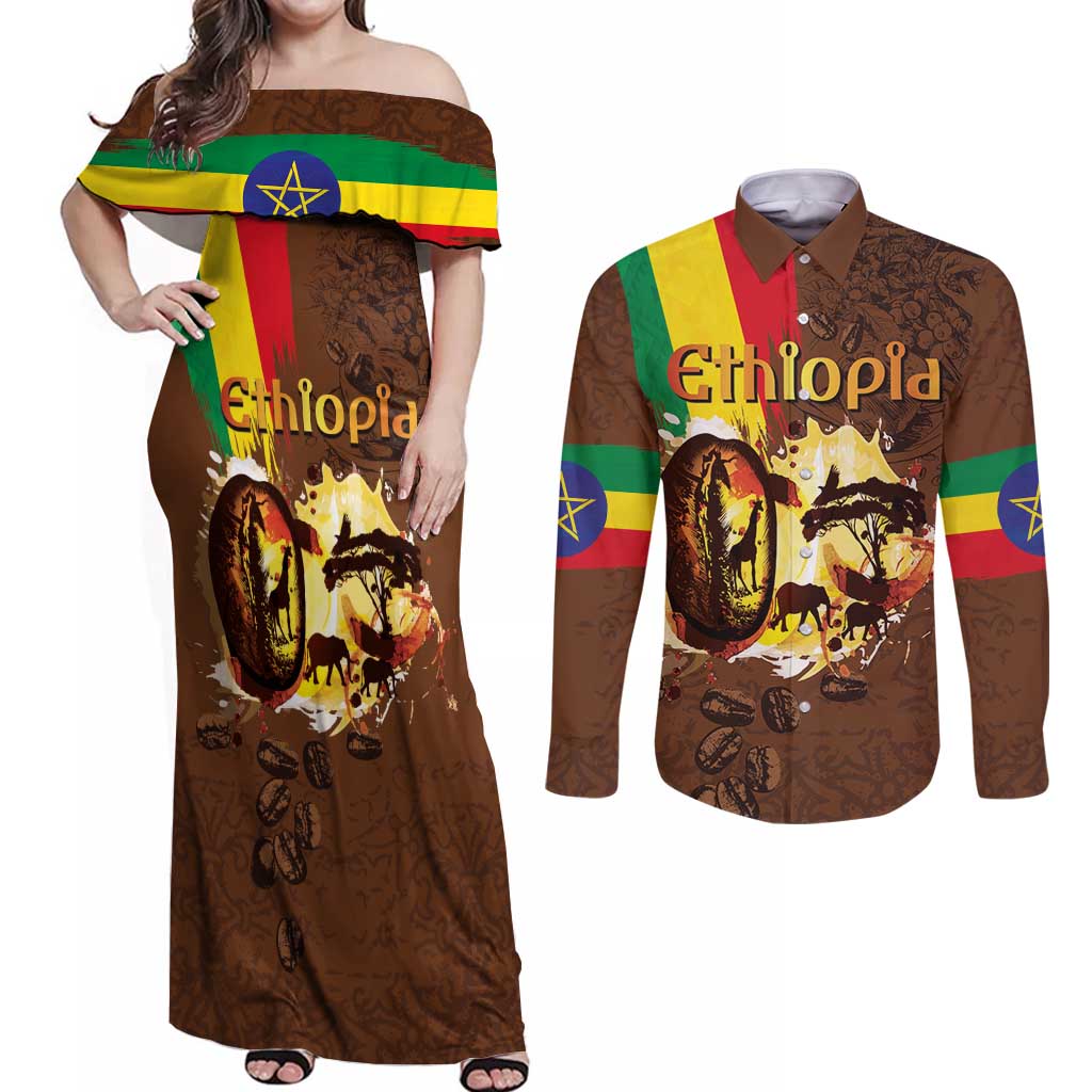 Ethiopia Culture - Proud of Coffee Couples Matching Off Shoulder Maxi Dress and Long Sleeve Button Shirt