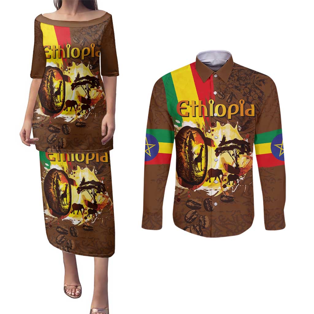 Ethiopia Culture - Proud of Coffee Couples Matching Puletasi and Long Sleeve Button Shirt