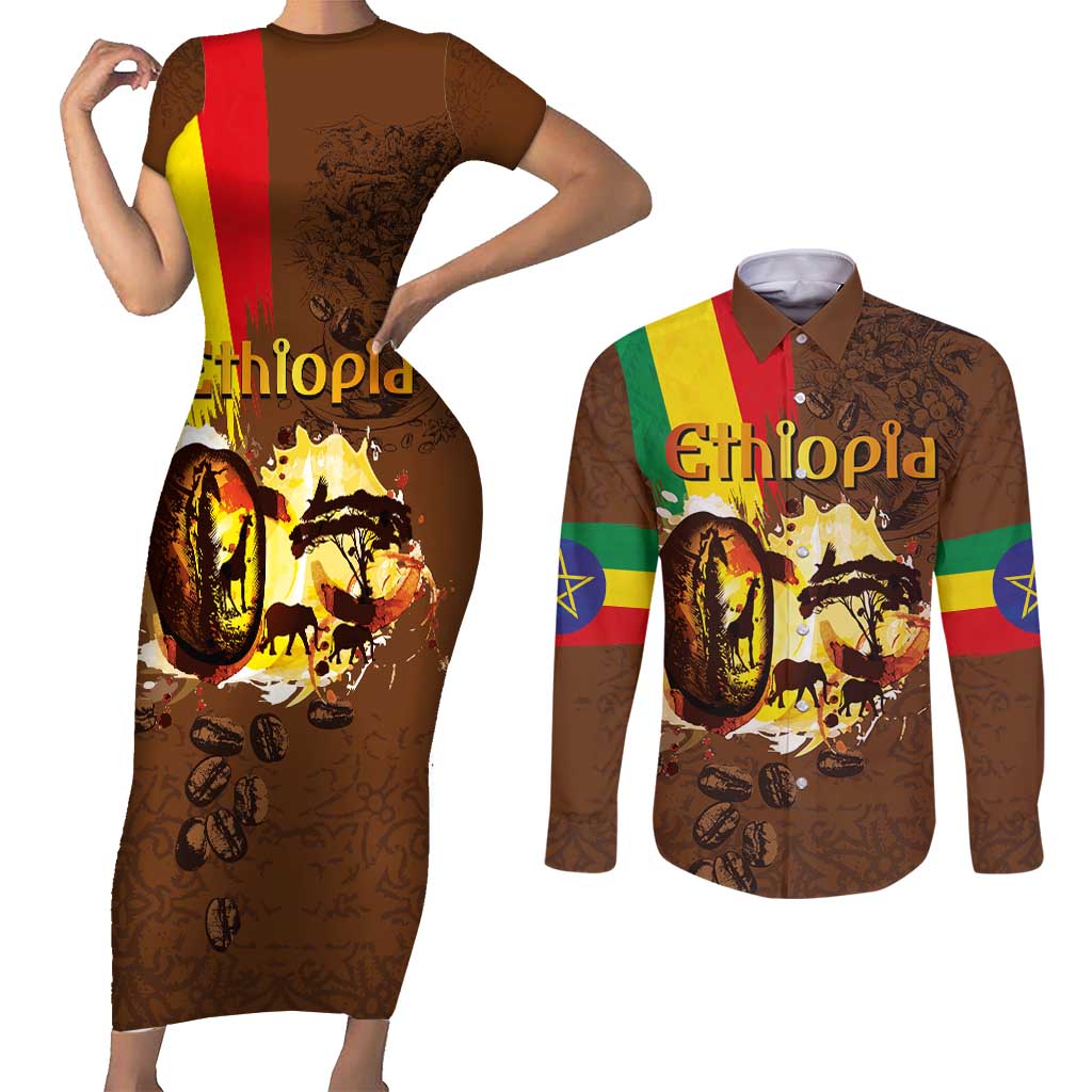 Ethiopia Culture - Proud of Coffee Couples Matching Short Sleeve Bodycon Dress and Long Sleeve Button Shirt