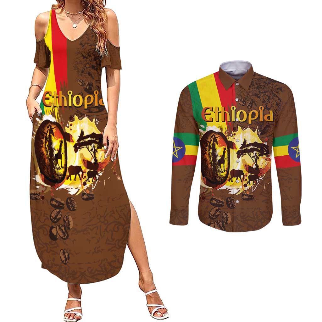 Ethiopia Culture - Proud of Coffee Couples Matching Summer Maxi Dress and Long Sleeve Button Shirt