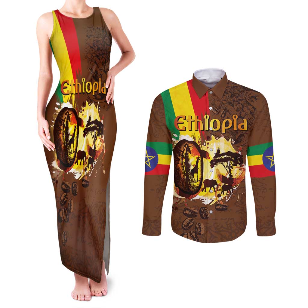 Ethiopia Culture - Proud of Coffee Couples Matching Tank Maxi Dress and Long Sleeve Button Shirt