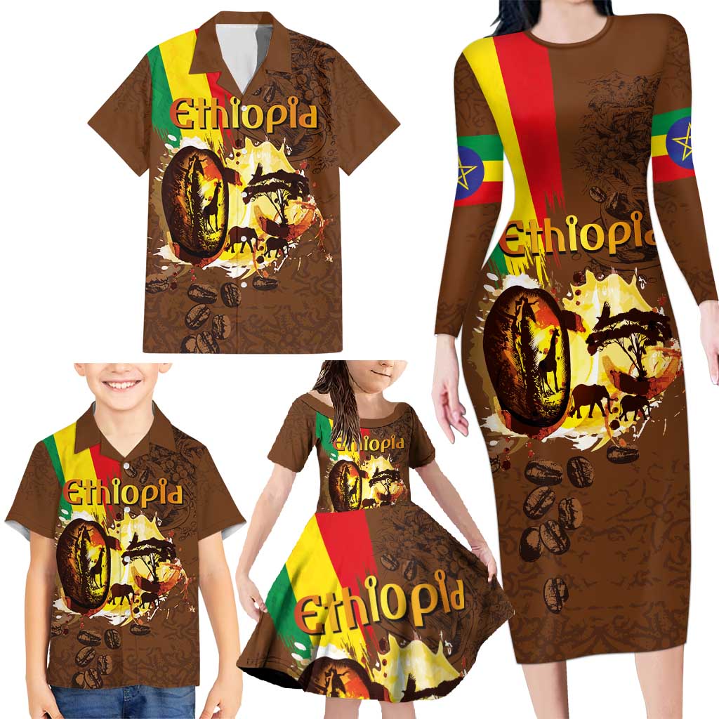 Ethiopia Culture - Proud of Coffee Family Matching Long Sleeve Bodycon Dress and Hawaiian Shirt