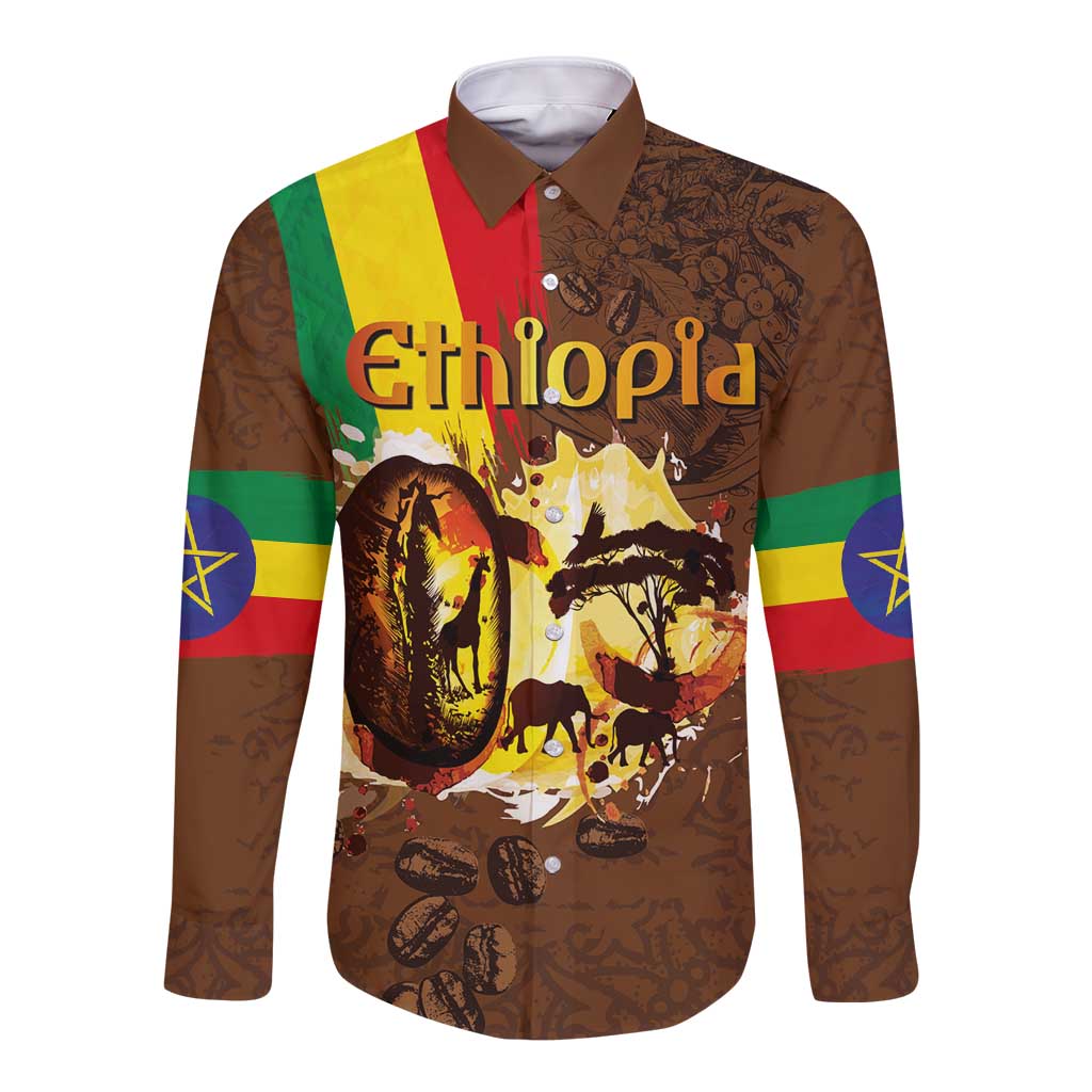 Unisex long sleeve button shirt, deep brown with Ethiopia print and flag-style stripes