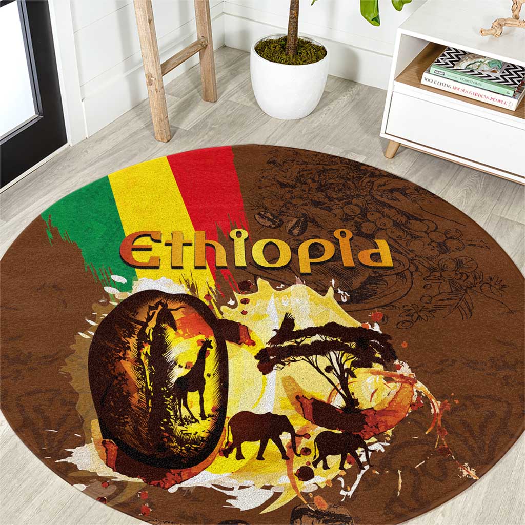 Round Ethiopia culture carpet in dark brown with large “Ethiopia” text and coffee/wildlife art