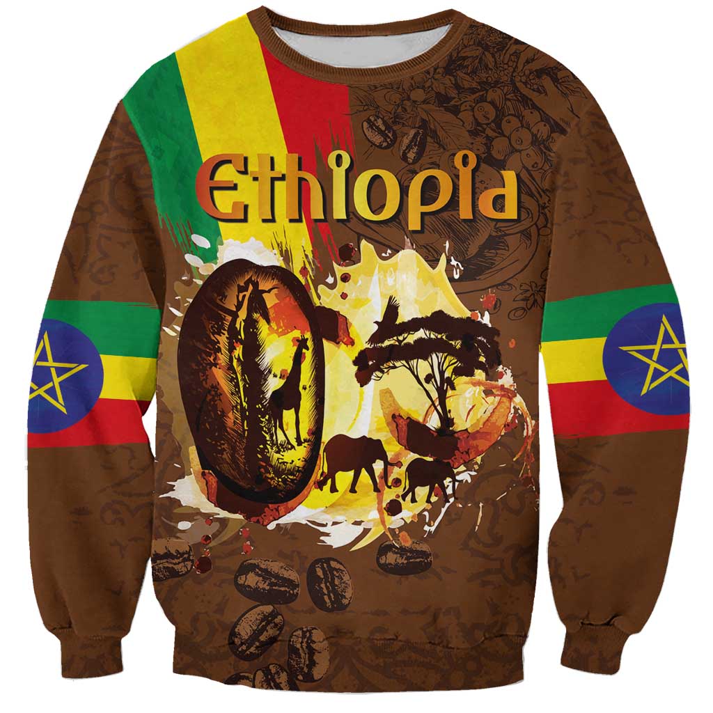 Unisex brown sweatshirt with Ethiopia flag sleeves and large Ethiopia coffee graphic
