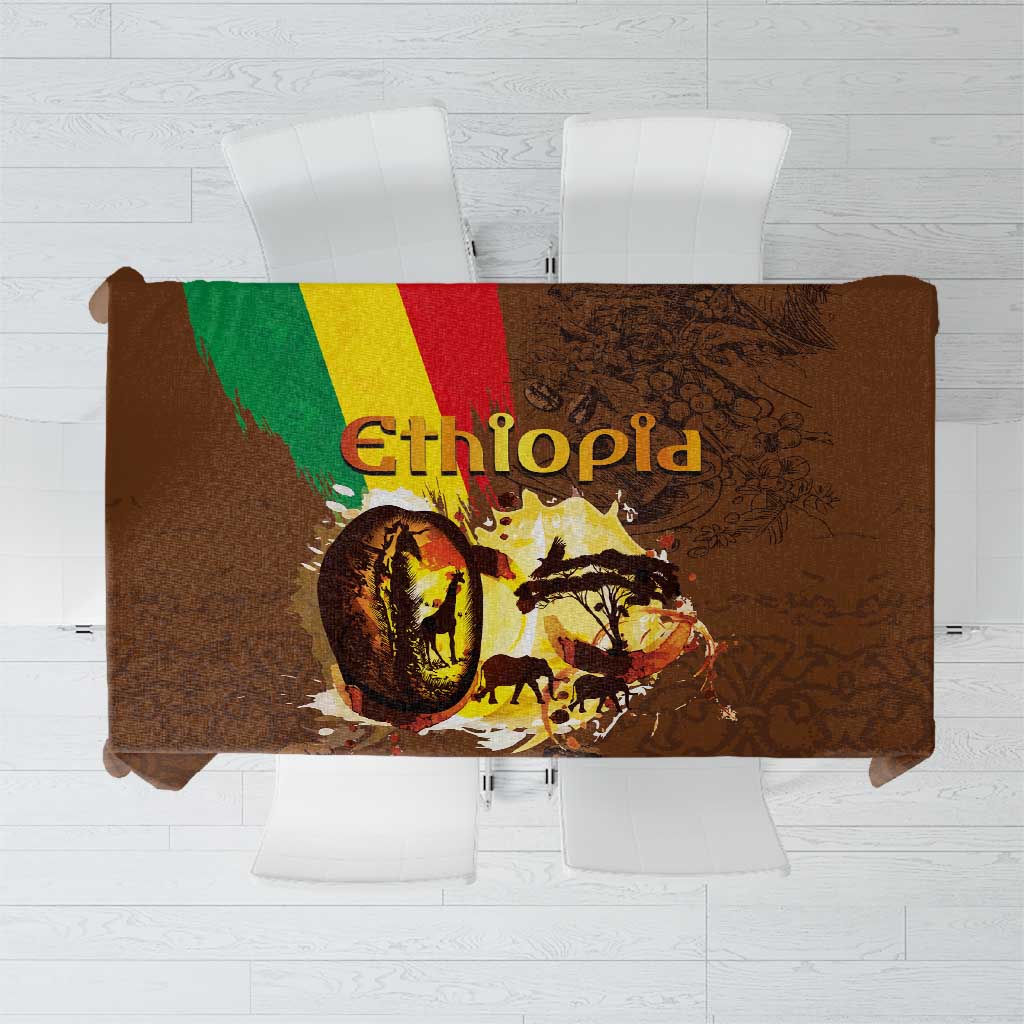 Deep brown coffee tablecloth with colorful Ethiopia-style coffee graphic