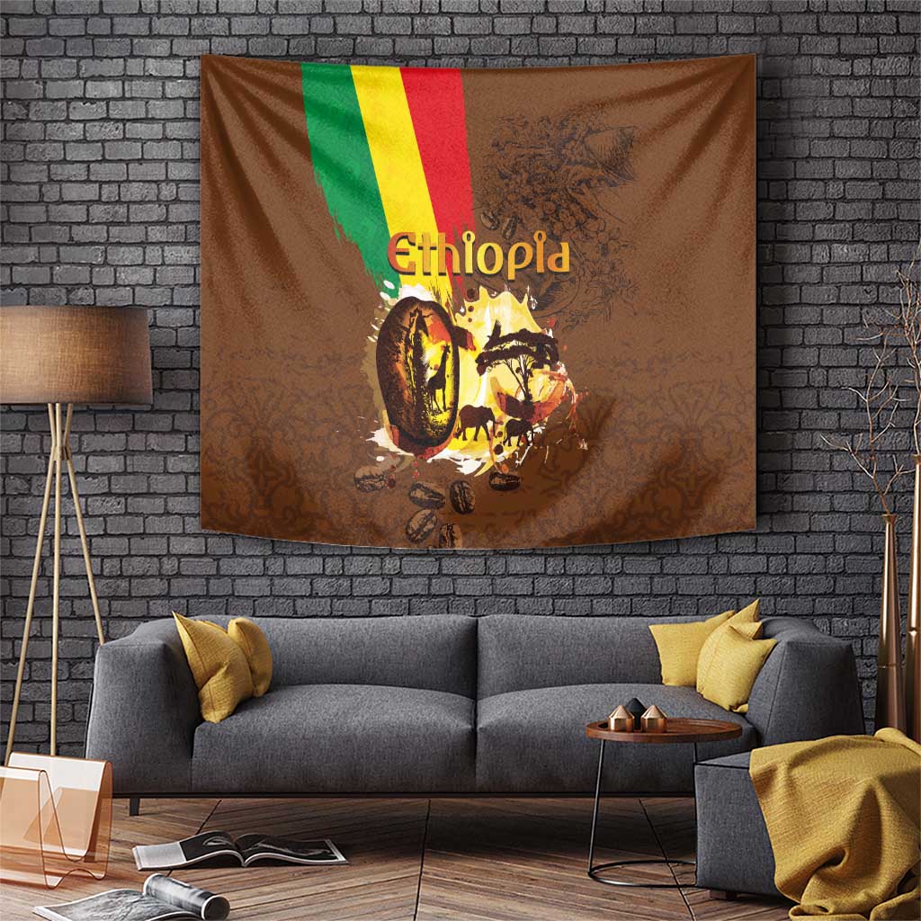 Brown tapestry with Ethiopia flag stripes and bold 'Ethiopia' text above coffee graphic